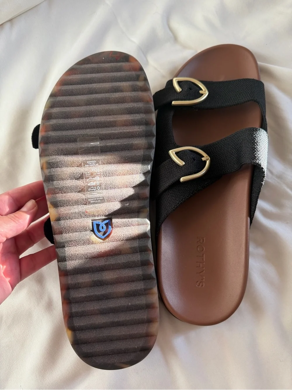 Rothy's Black The Buckle Slide Sandals with Brown Footbed